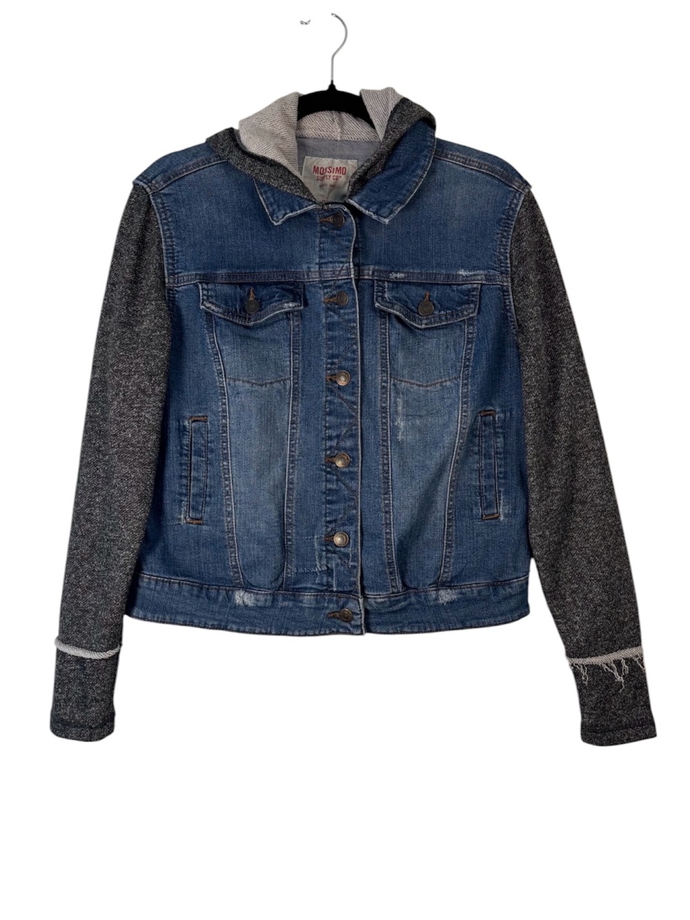 Mossimo Supply Co. Blue Denim Jacket with Charcoal Knit Sleeves Hoodie Casual